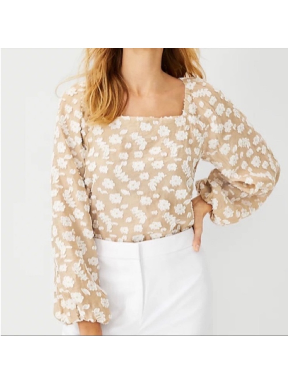 Ann Taylor Beige Floral Square-Neck Puff-Sleeve Blouse